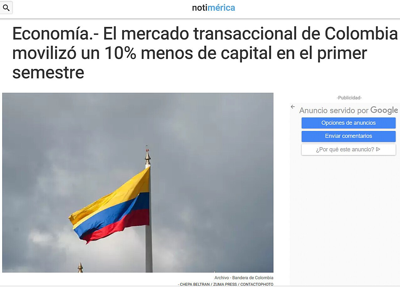 Economa.- El mercado transaccional de Colombia moviliz un 10% menos de capital en el primer semestre